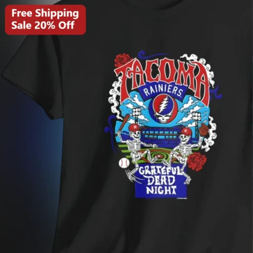 Tacoma Rainiers Grateful Dead Night Tee, Skeleton Baseball Graphic Tee for Deadheads and Baseball Fans