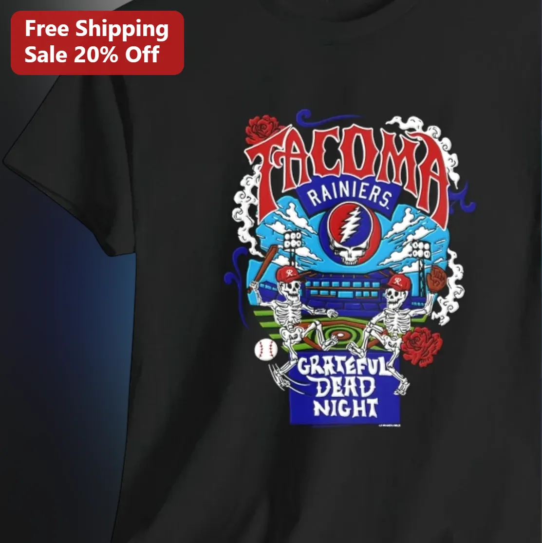 Tacoma Rainiers Grateful Dead Night Tee, Skeleton Baseball Graphic Tee for Deadheads and Baseball Fans