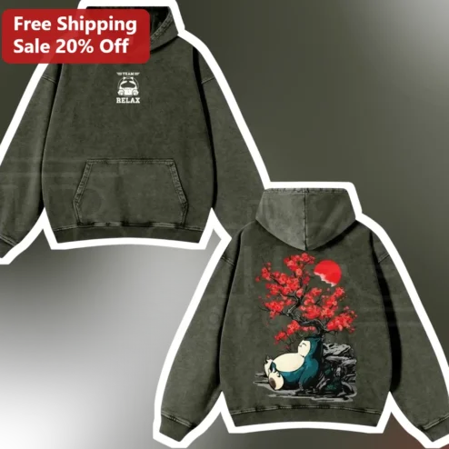 Team Relax Snorlax Hoodie Pokemon Anime Streetwear Acid Wash Sweatshirt