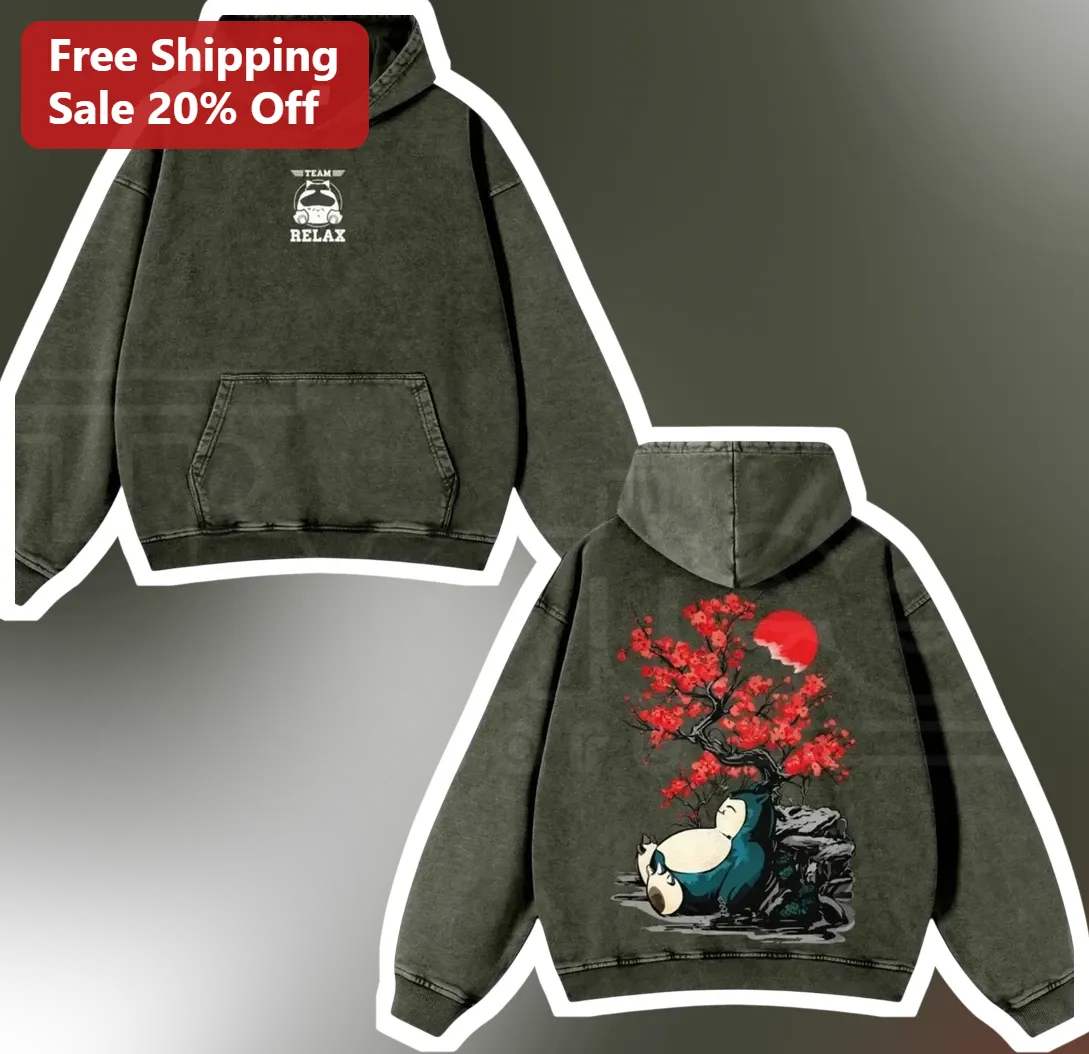 Team Relax Snorlax Hoodie Pokemon Anime Streetwear Acid Wash Sweatshirt