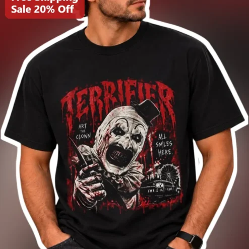 Terrifier Art The Clown All Smiles Here Graphic Tee Horror Slasher Movie Shirt