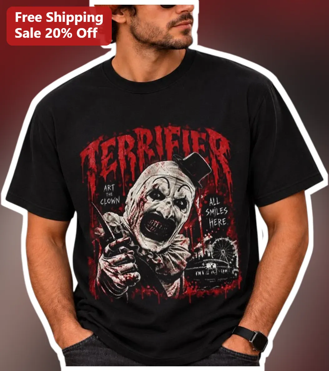 Terrifier Art The Clown All Smiles Here Graphic Tee Horror Slasher Movie Shirt available at our Chicago, Illinois warehouse