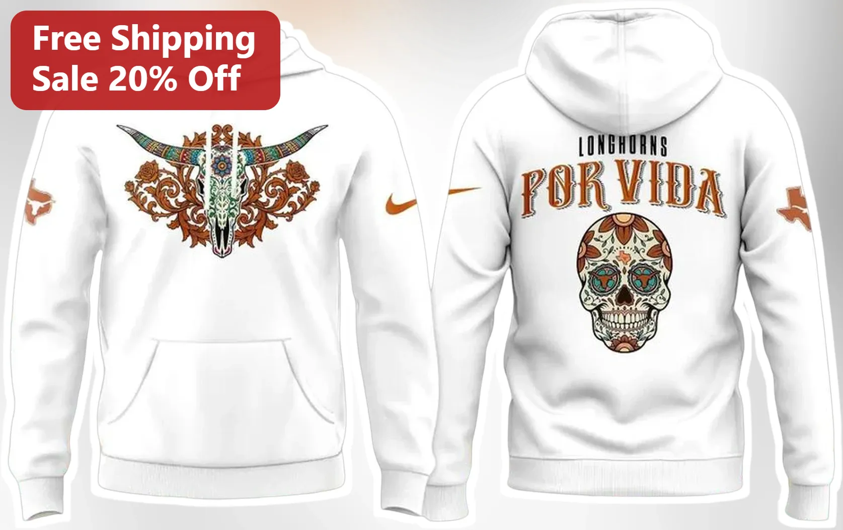Texas Longhorns Por Vida Hoodie Dia De Los Muertos Sugar Skull UT Austin Fan Gear
