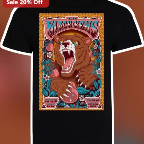 The Black Keys Tee Vintage Rock Band Graphic T-Shirt Bear Peach Art Nouveau Design