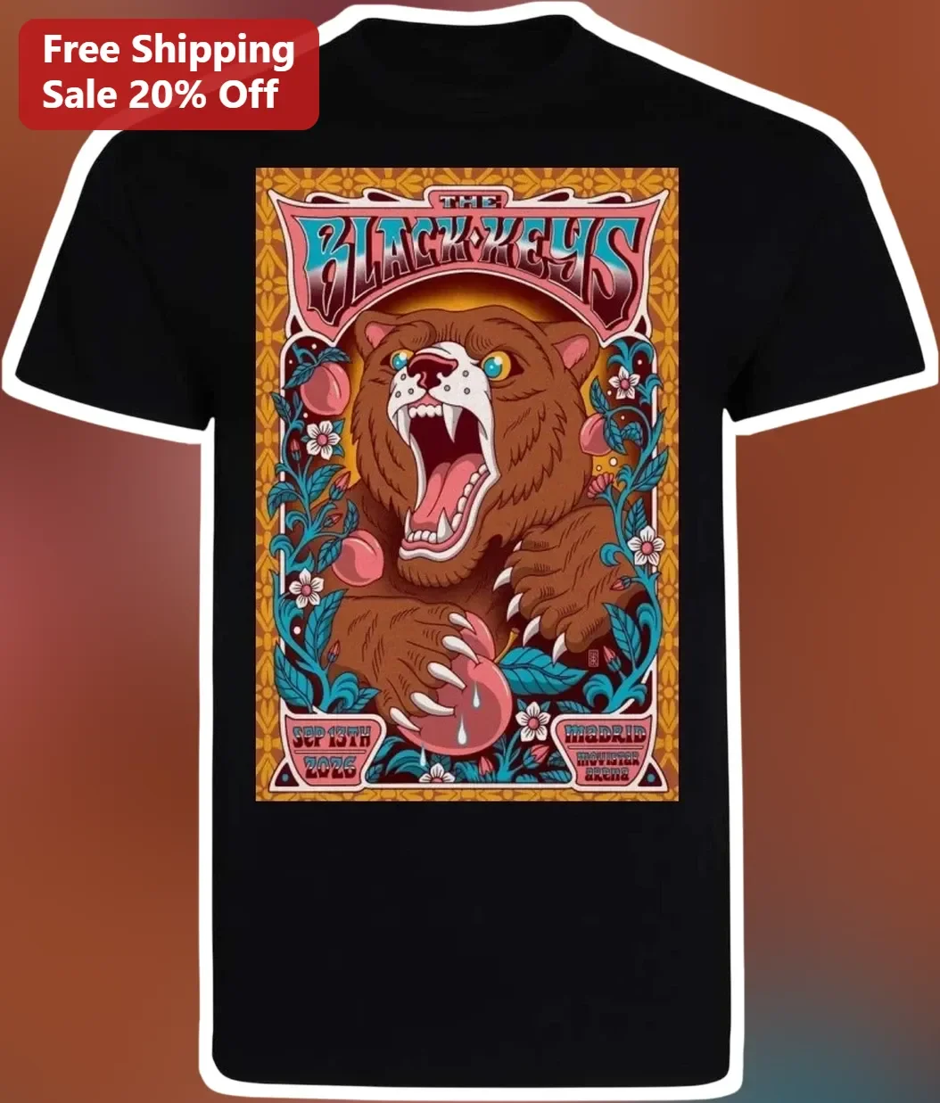 The Black Keys Tee Vintage Rock Band Graphic T-Shirt Bear Peach Art Nouveau Design
