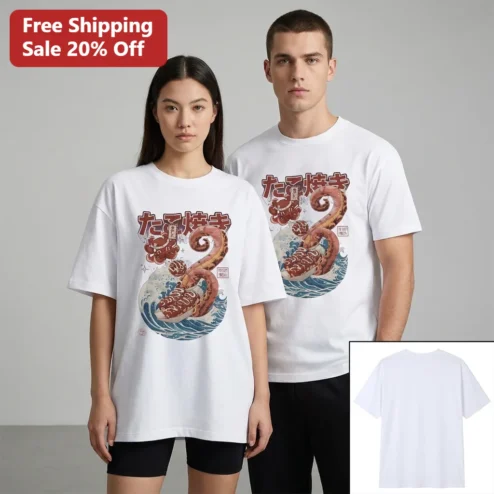 The Great Takoyaki Japanese Street Food Tee, Retro Octopus Great Wave Parody Graphic T-Shirt for Foodies