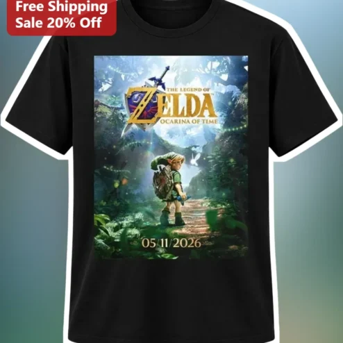 The Legend of Zelda Ocarina of Time Link Master Sword Hylian Shield Retro Gaming Tee