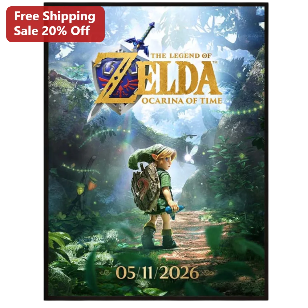 The Legend of Zelda Ocarina of Time Poster Link and Navi Retro Gaming Wall Art Print available at our Chicago, Illinois warehouse