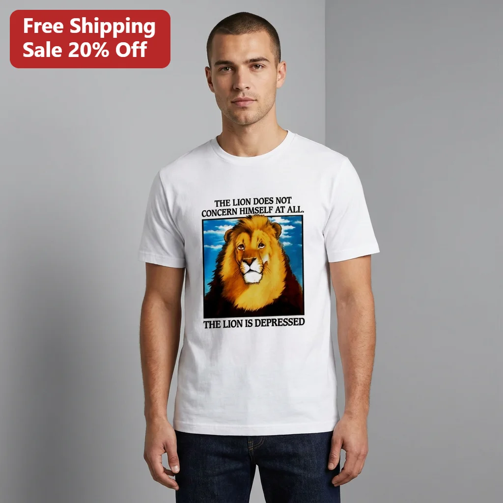 The Lion Does Not Concern Himself Tee, The Lion Is Depressed Funny Lion Meme Shirt for Men, Retro Animal Humor Graphic Tee Gift