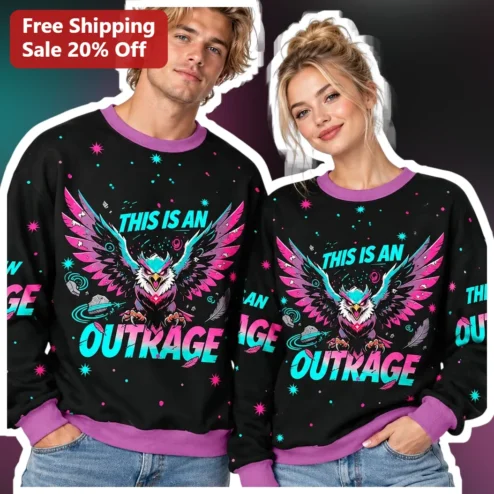 This Is An Outrage Sweatshirt Funny Neon Owl Graphic Crewneck for Book Lovers