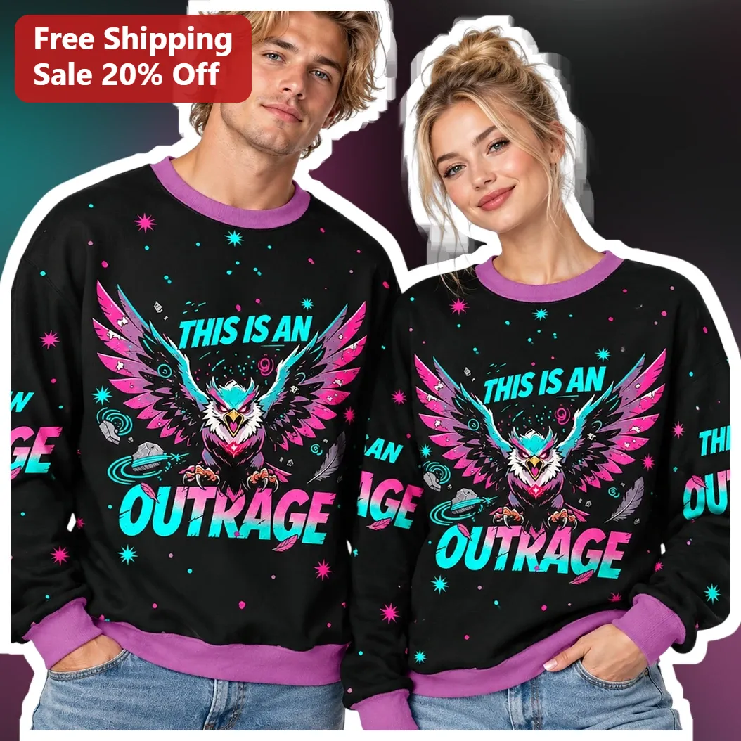 This Is An Outrage Sweatshirt Funny Neon Owl Graphic Crewneck for Book Lovers