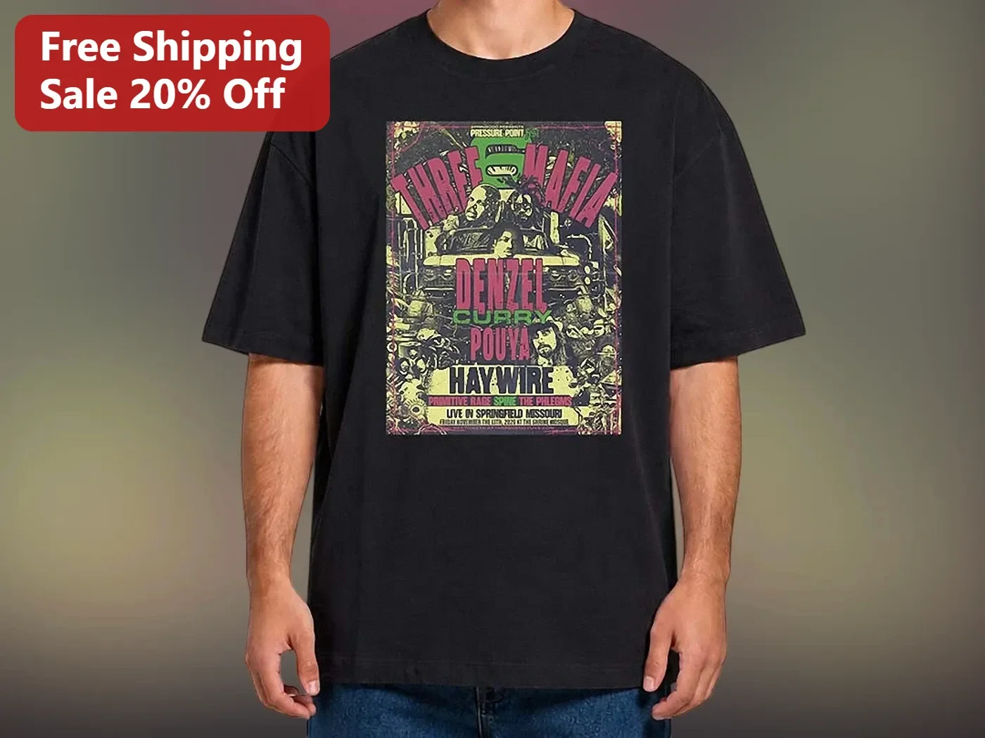 Three 6 Mafia Denzel Curry Pouya Hay Wire Vintage Concert Poster Graphic Tee