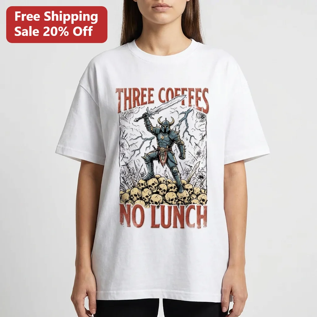 Three Coffees No Lunch Tee Dark Fantasy Horned Knight Skulls Lightning Art Funny Gift for Coffee Lovers and Gamers
