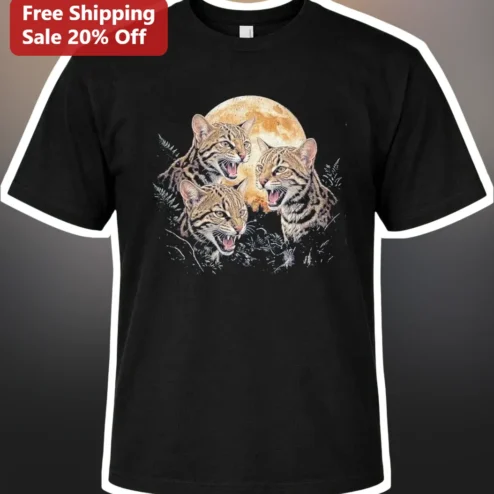 Three Ocelots Moon Graphic Tee Retro Vintage Wild Cat Shirt for Exotic Animal Lovers