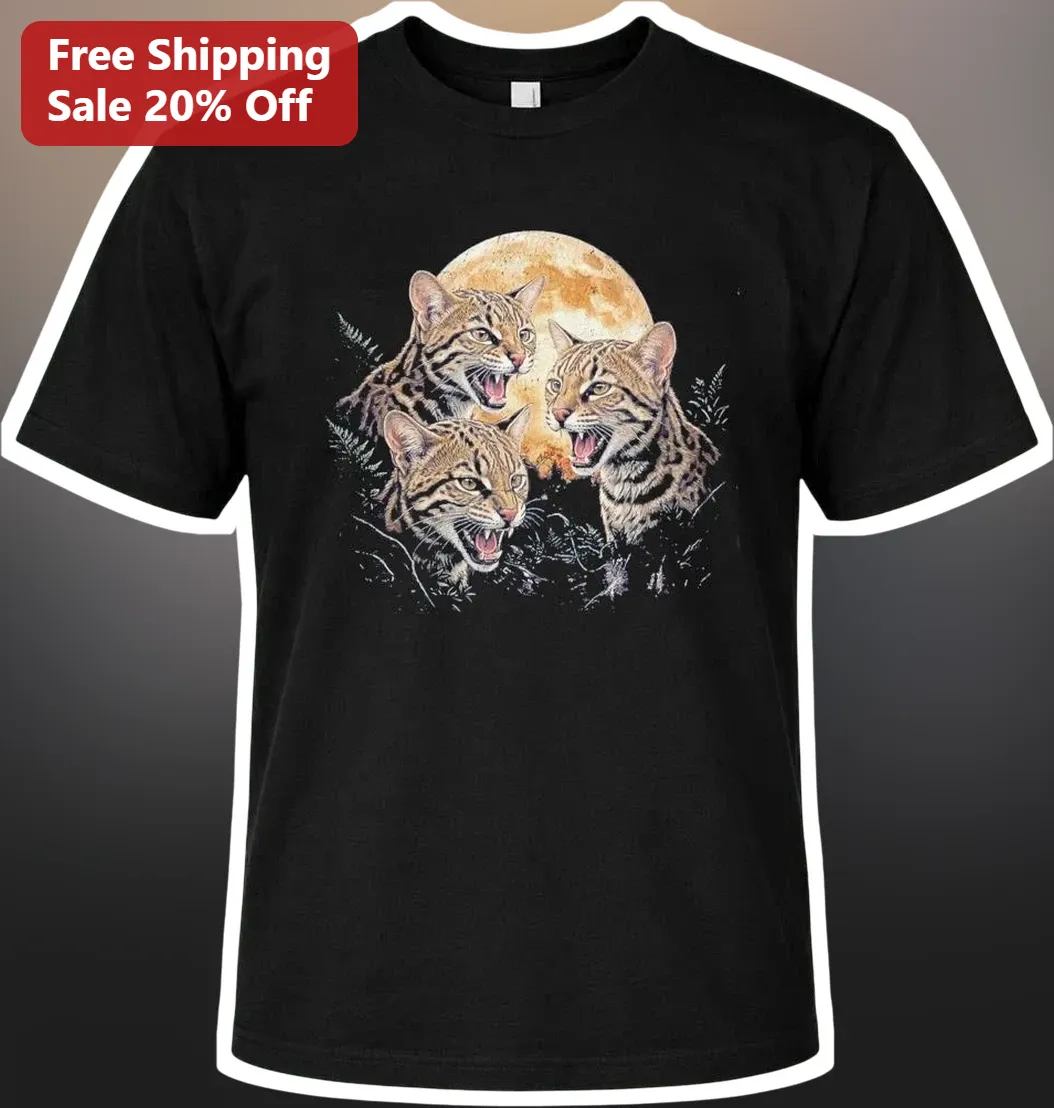 Three Ocelots Moon Graphic Tee Retro Vintage Wild Cat Shirt for Exotic Animal Lovers