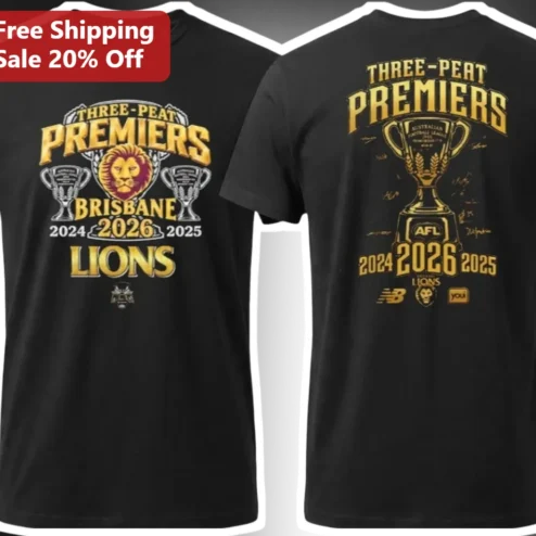 Three-Peat Premiers Brisbane Lions Tee AFL Football Fan Gift