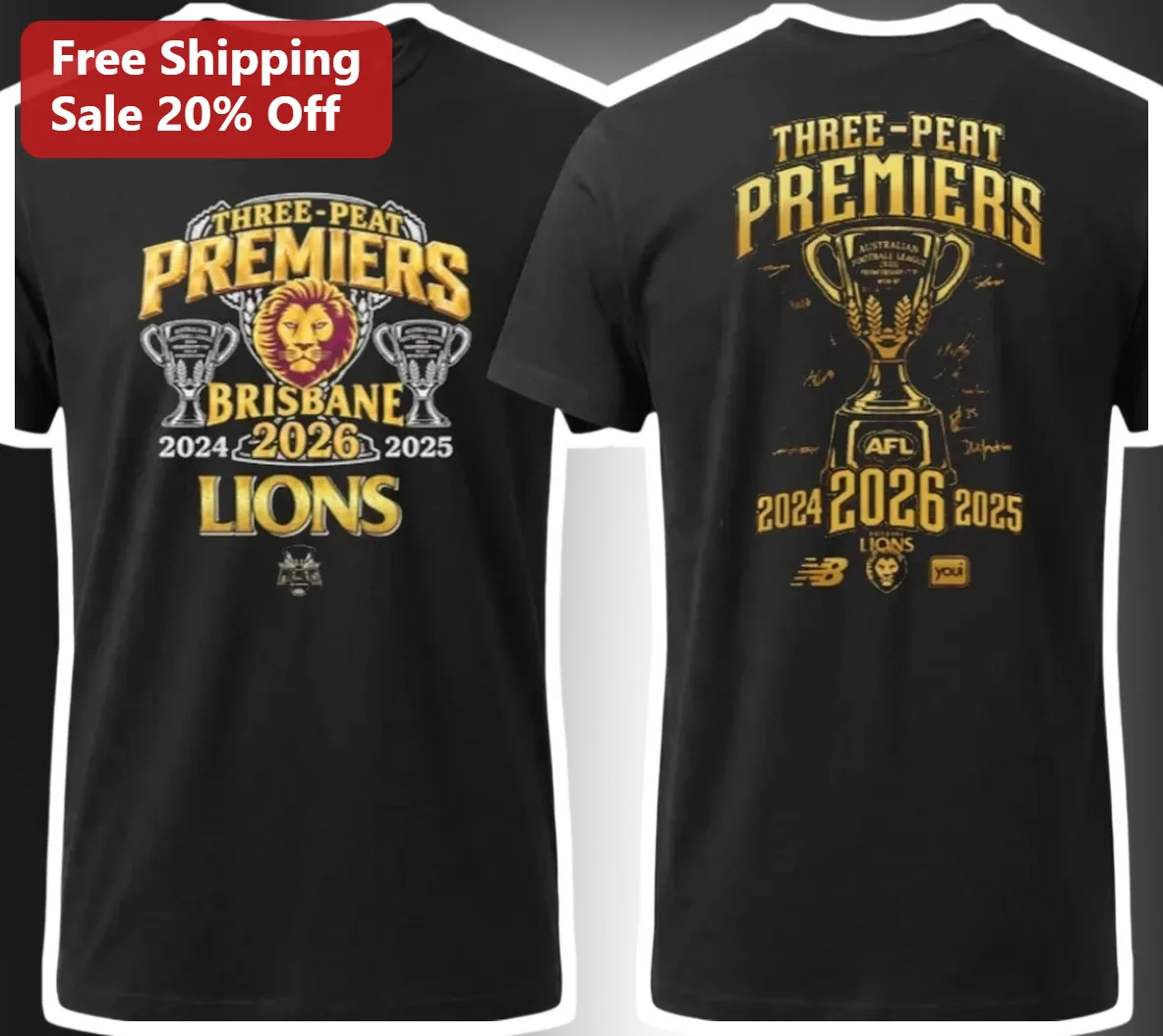 Three-Peat Premiers Brisbane Lions Tee AFL Football Fan Gift