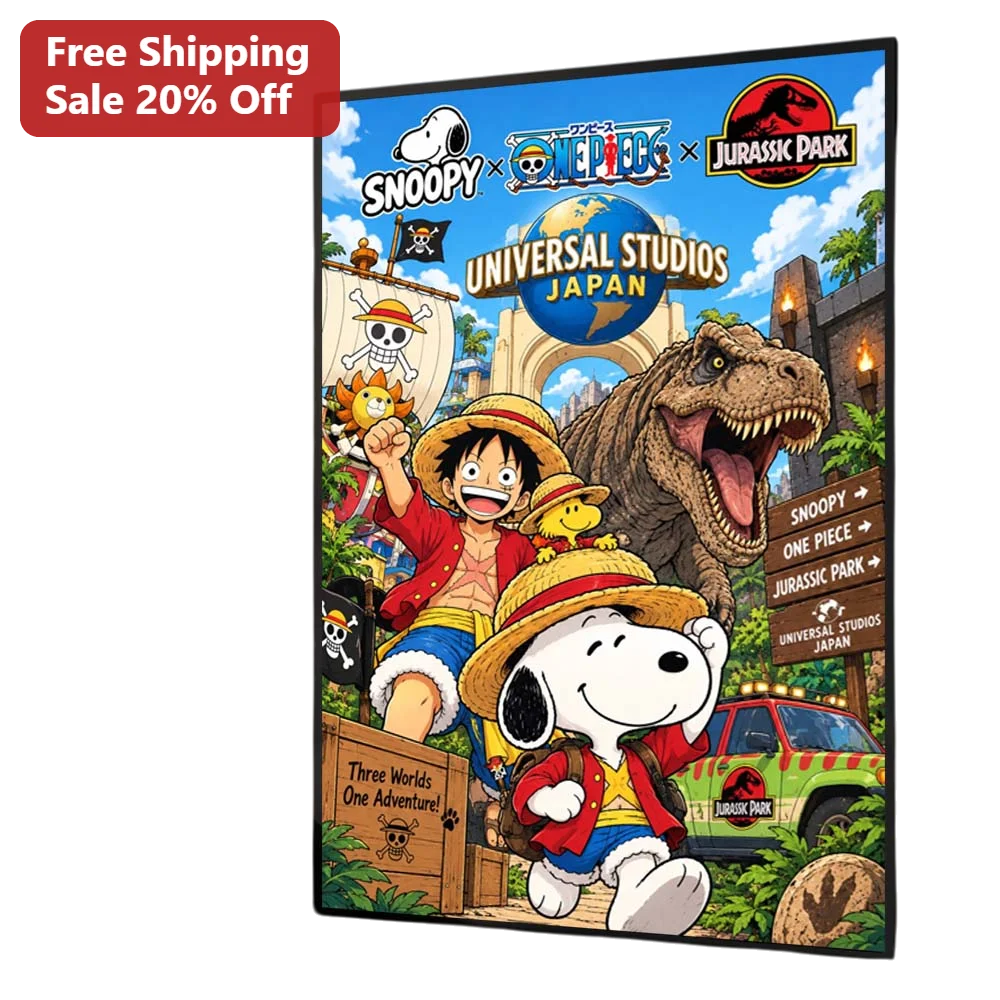 Three Worlds One Adventure Canvas Print Snoopy Monkey D Luffy Anime Crossover Wall Art