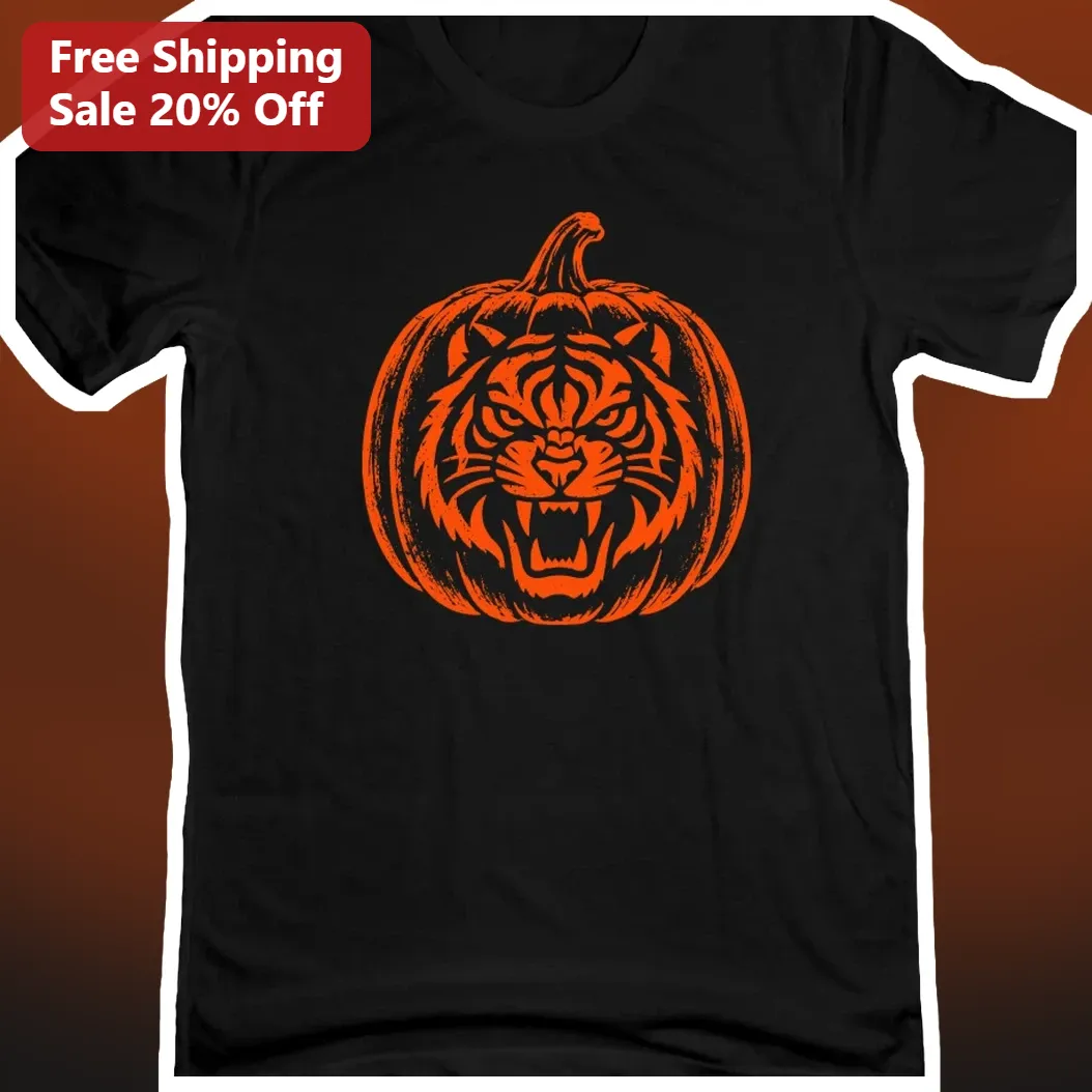 Tiger Pumpkin Halloween Shirt Tee Spooky Season Graphic Unisex Apparel