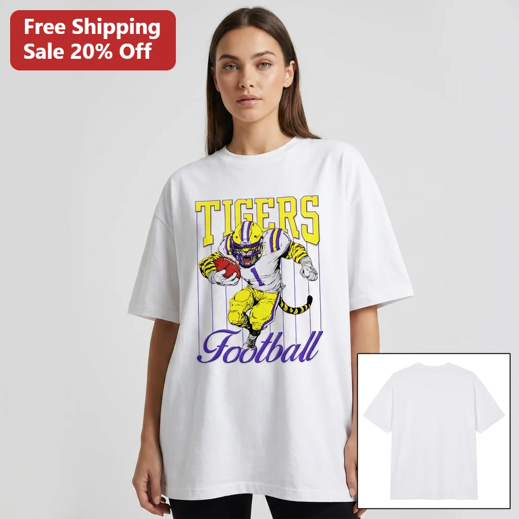 TIGERS Football Tee Vintage Tiger Mascot Graphic Shirt Purple Gold College Game Day Gift for Fans