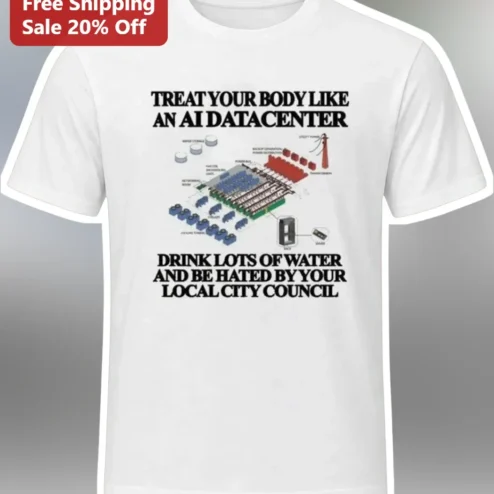 Treat Your Body Like An AI Datacenter Funny Tech Humor Tee Drink Lots Of Water And Be Hated By Your Local City Council Shirt