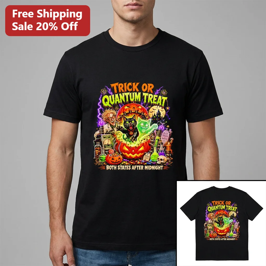 Trick or Quantum Treat Both States After Midnight Tee Funny Schrodinger Cat Physics Science Teacher Halloween Gift