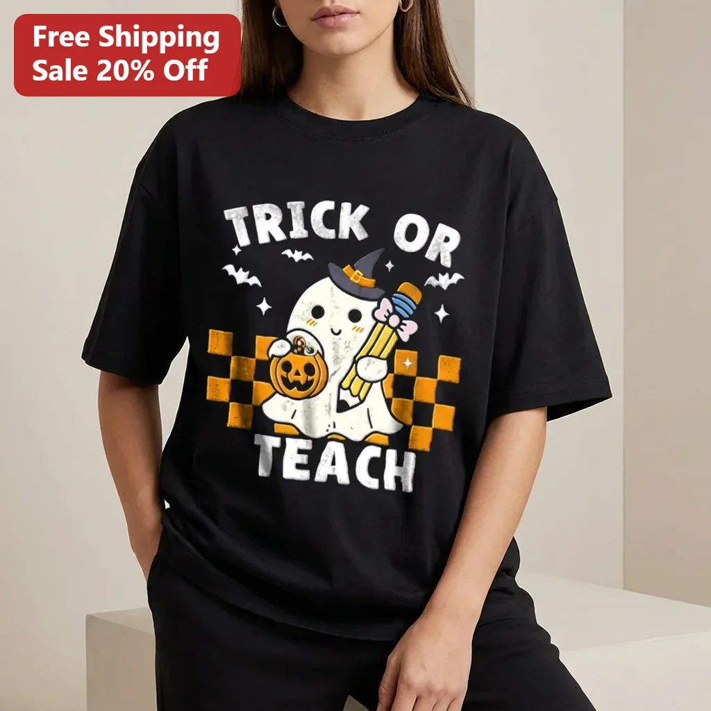 Trick or Teach Ghost Halloween Tee for Teachers, Spooky Season Teacher Shirt Gift With Pumpkin Bucket Graphic