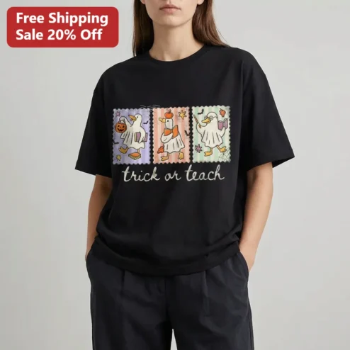 Trick or Teach Tee Cute Ghost Duck Halloween Shirt for Teachers, Funny Educator Fall School Gift