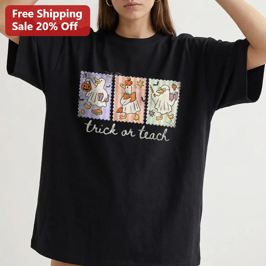 Trick or Teach Tee Cute Ghost Duck Halloween Teacher Shirt Gift for Educators