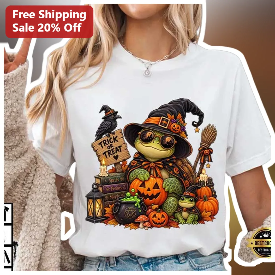 Trick or Treat Turtle Witch Halloween Graphic Tee Cute Spooky Costume Shirt