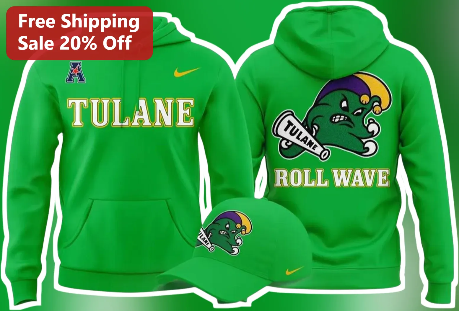 Tulane Roll Wave Green Wave Riptide Mascot Hoodie