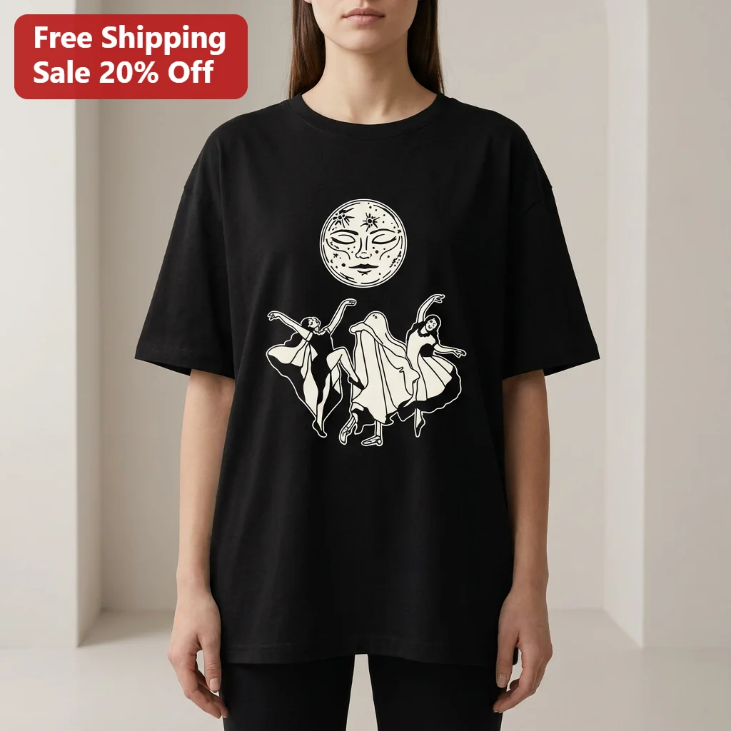 Two Girls One Ghost Dancing Moon Tee Vintage Celestial Line Art Spooky Whimsigoth Graphic Shirt