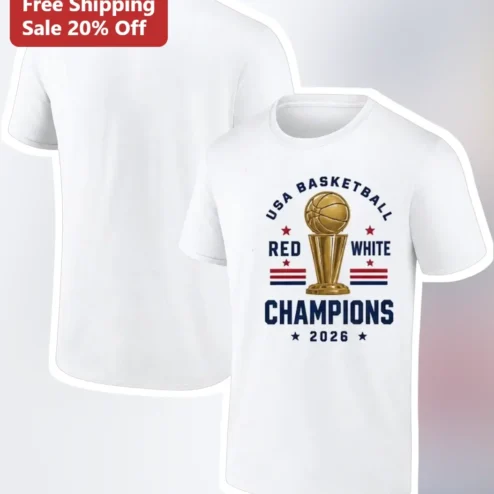 USA Basketball Red White Champions 2026 Tee Patriotic Gold Trophy Graphic Shirt for Fans