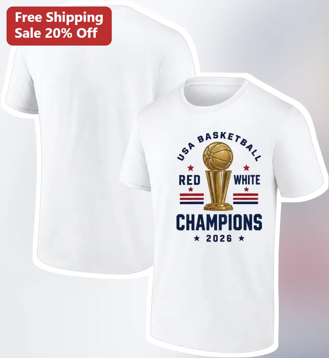 USA Basketball Red White Champions 2026 Tee Patriotic Gold Trophy Graphic Shirt for Fans