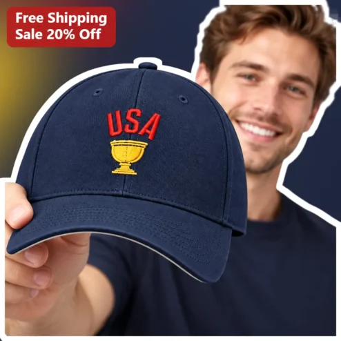 USA Cap Embroidered Trophy Cup Patriotic Baseball Hat Navy Blue Dad Hat for Sports Fans