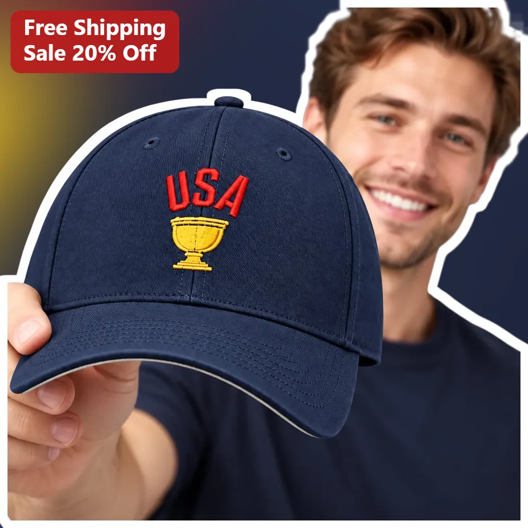 USA Cap Embroidered Trophy Cup Patriotic Baseball Hat Navy Blue Dad Hat for Sports Fans