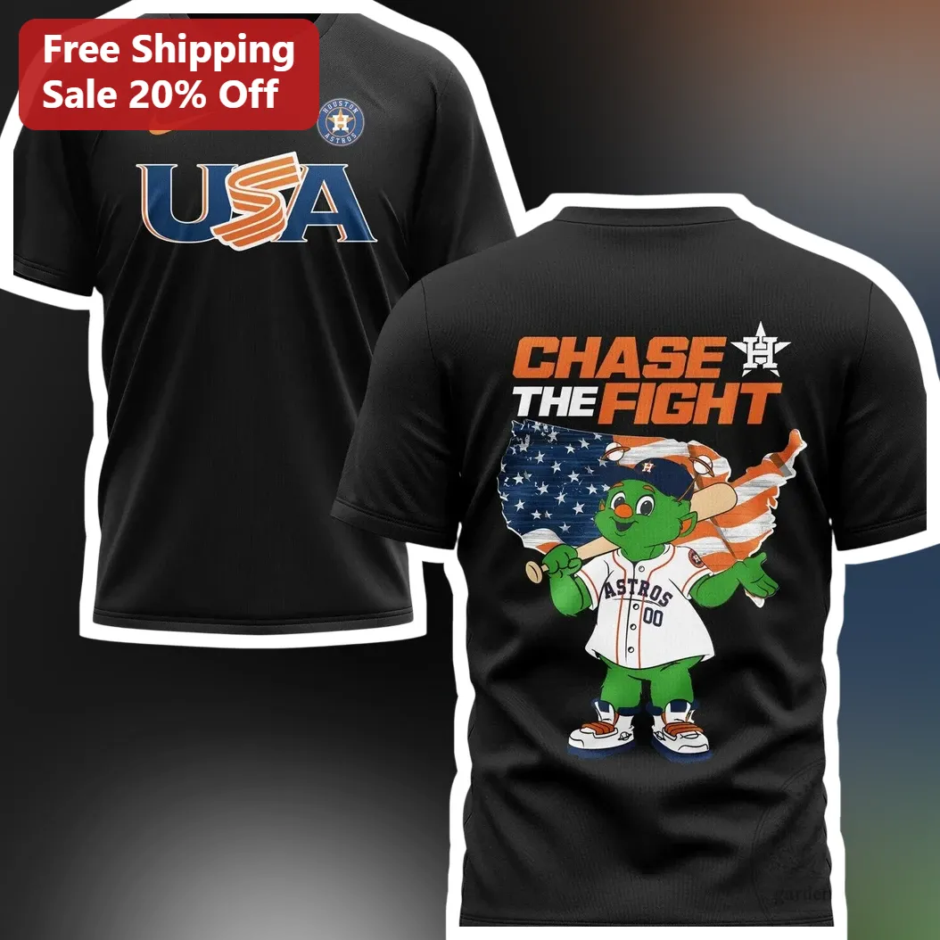USA Chase The Fight Houston Astros Junction Jack Mascot Baseball Graphic Tee available at our Chicago, Illinois warehouse