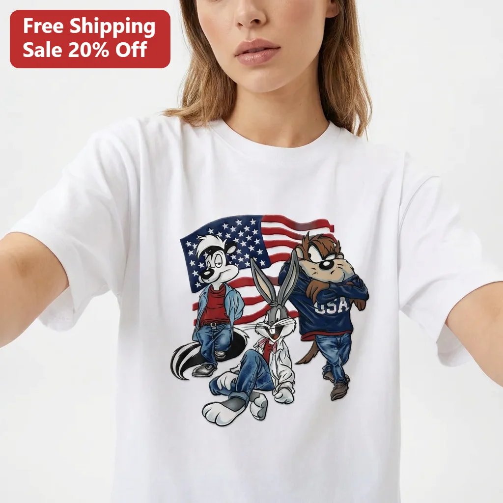 USA Tee Looney Tunes Bugs Bunny Pepe Le Pew Taz American Flag Patriotic Graphic Shirt 90s Cartoon Gift for Men Women
