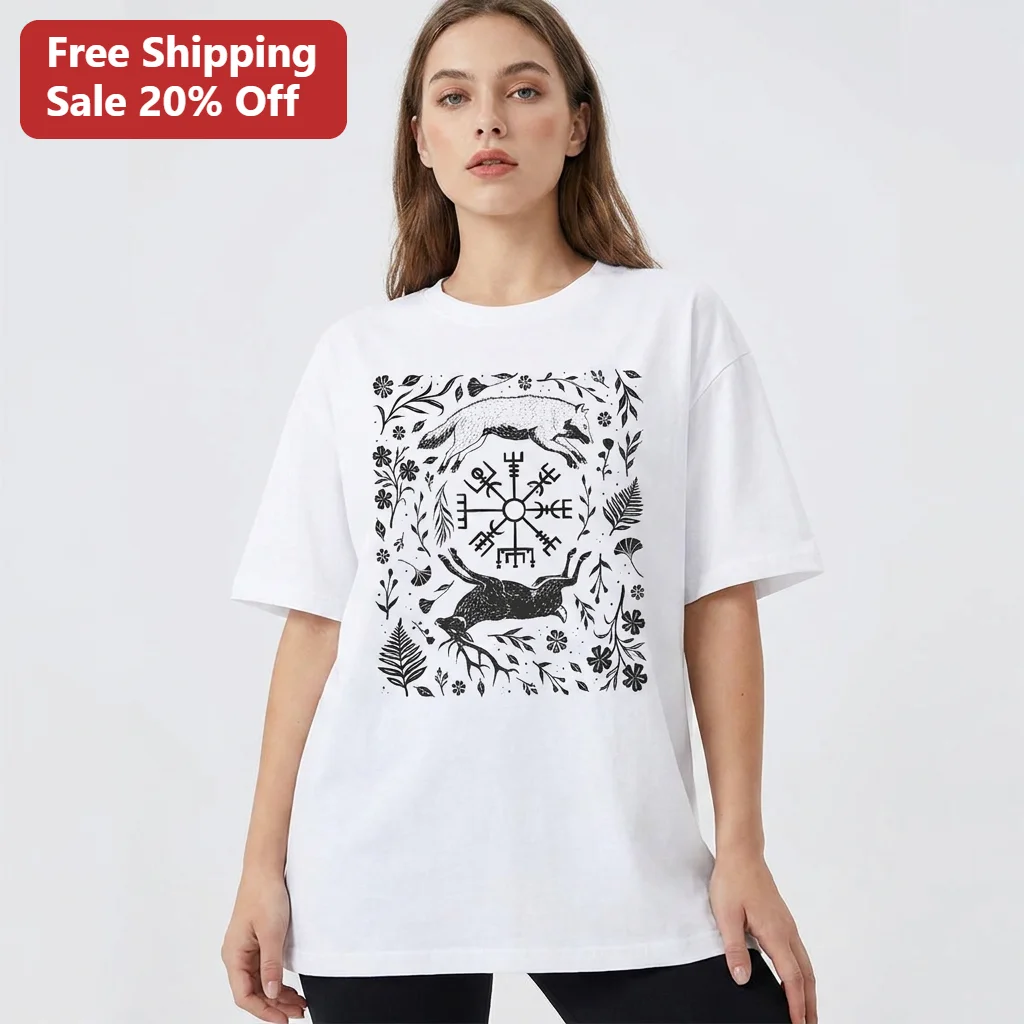Vegvisir Viking Compass Wolf and Stag Tee, Norse Mythology Botanical Graphic Shirt, Nordic Pagan Nature Gift