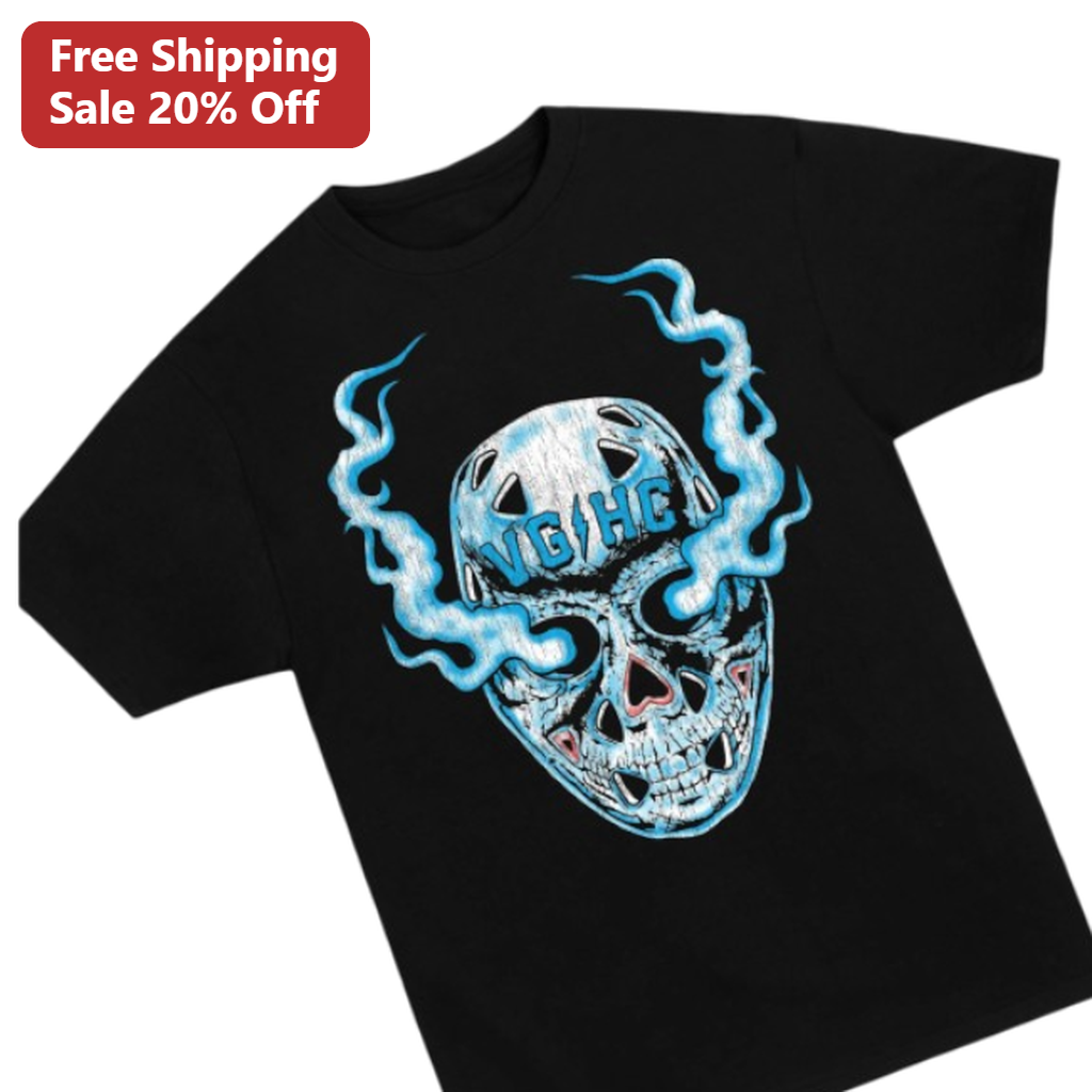 VG HC Tee Distressed Flaming Goalie Skull Graphic Shirt for Hockey Fans