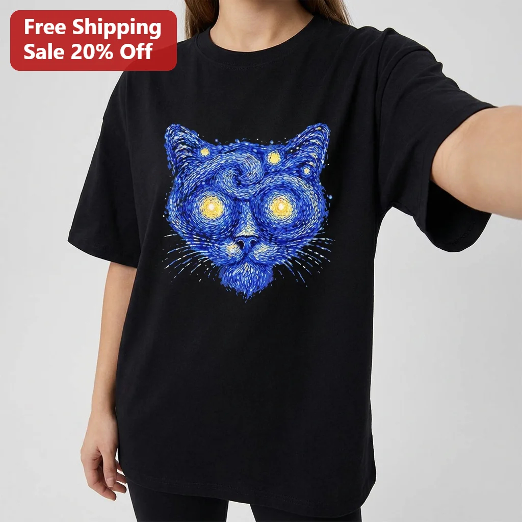 Vincent van Gogh Starry Night Cat Graphic Tee, Impressionist Painting Art Lover Gift