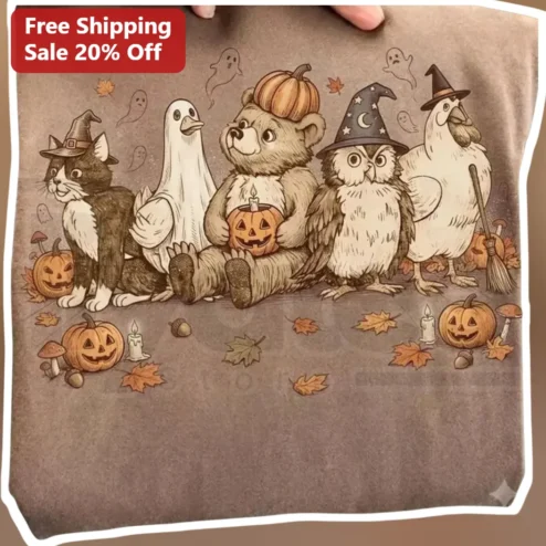 Vintage Halloween Animals Group Tee Cute Spooky Critters Costume Shirt for Women Men