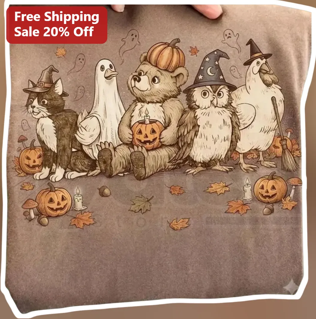 Vintage Halloween Animals Group Tee Cute Spooky Critters Costume Shirt for Women Men