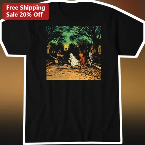 Vintage Halloween Trick or Treat Kids Illustration Tee Retro Spooky Costume Graphic Shirt