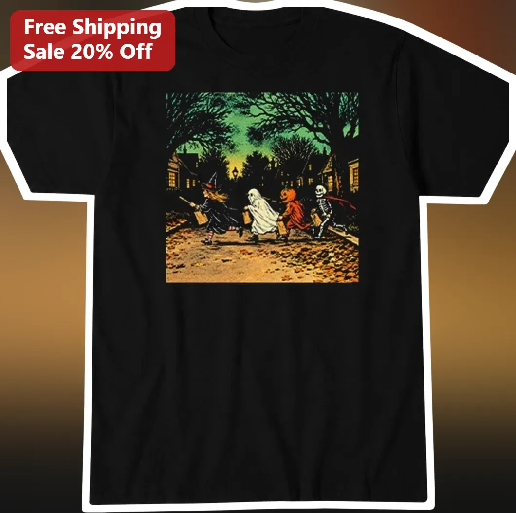 Vintage Halloween Trick or Treat Kids Illustration Tee Retro Spooky Costume Graphic Shirt