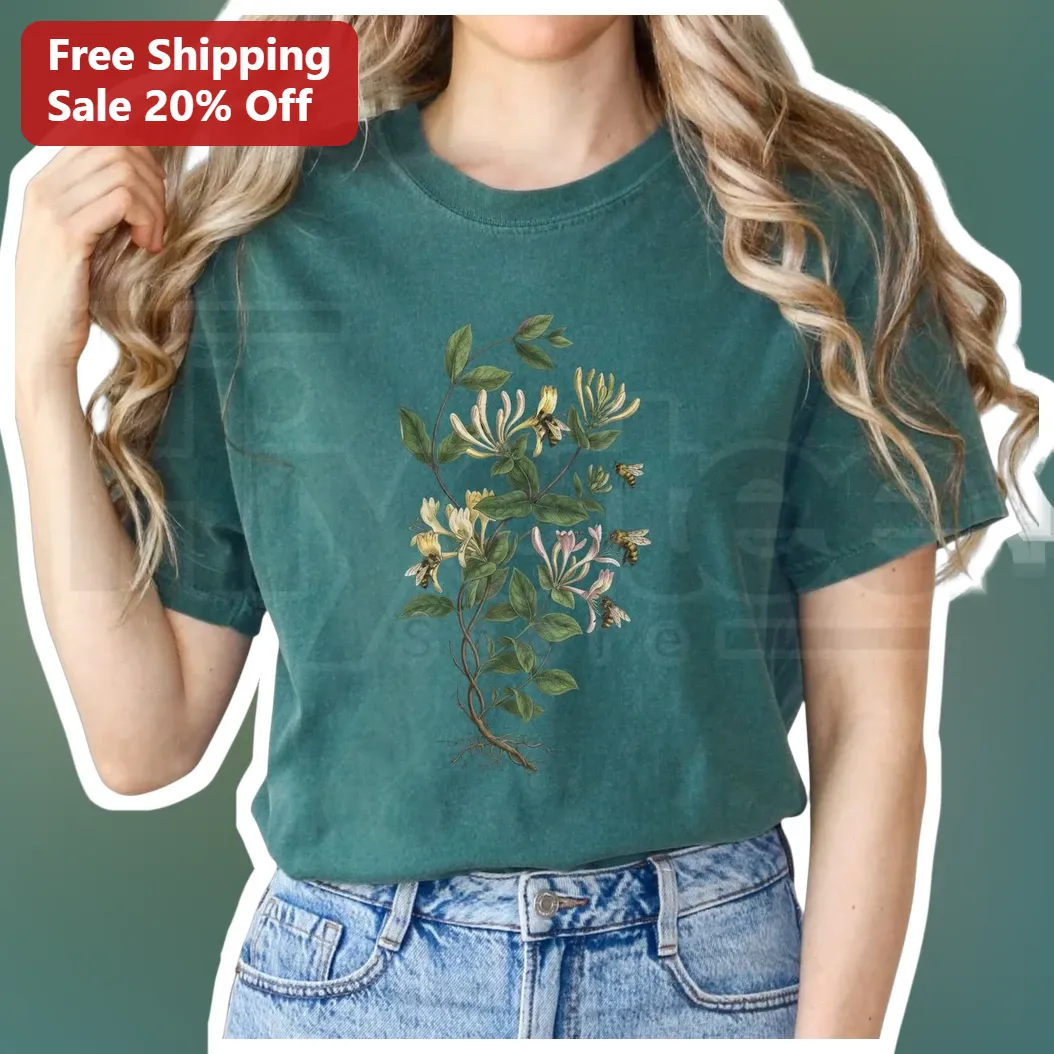 Vintage Honeysuckle Botanical Illustration Tee for Gardeners Nature Lovers
