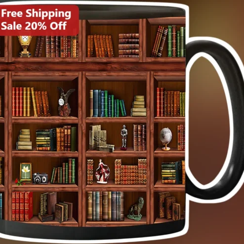 Vintage Library Bookshelf Coffee Mug for Book Lovers Dark Academia Ceramic Cup