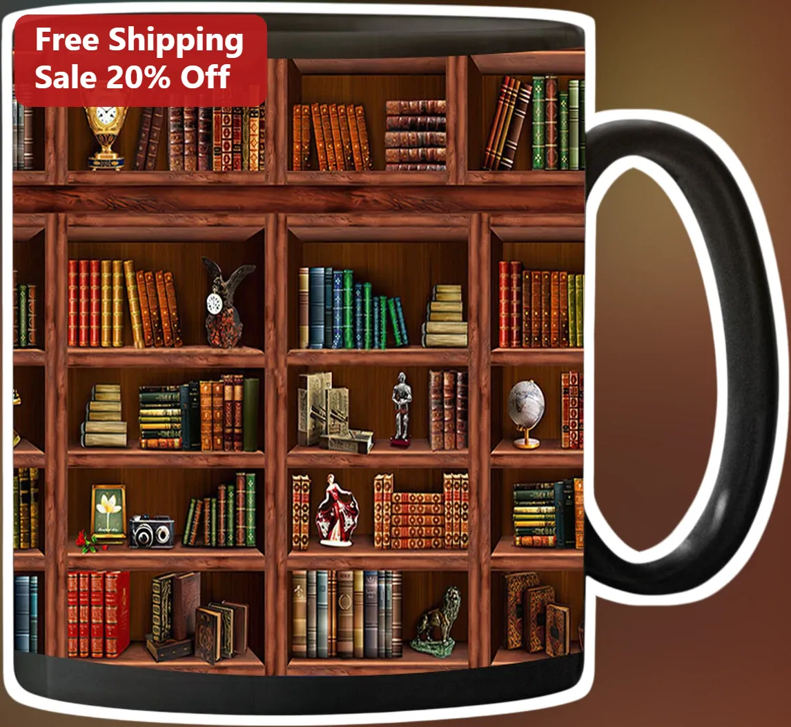 Vintage Library Bookshelf Coffee Mug for Book Lovers Dark Academia Ceramic Cup
