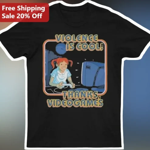 Violence Is Cool Thanks Videogames Funny Retro Cartoon Gamer Tee