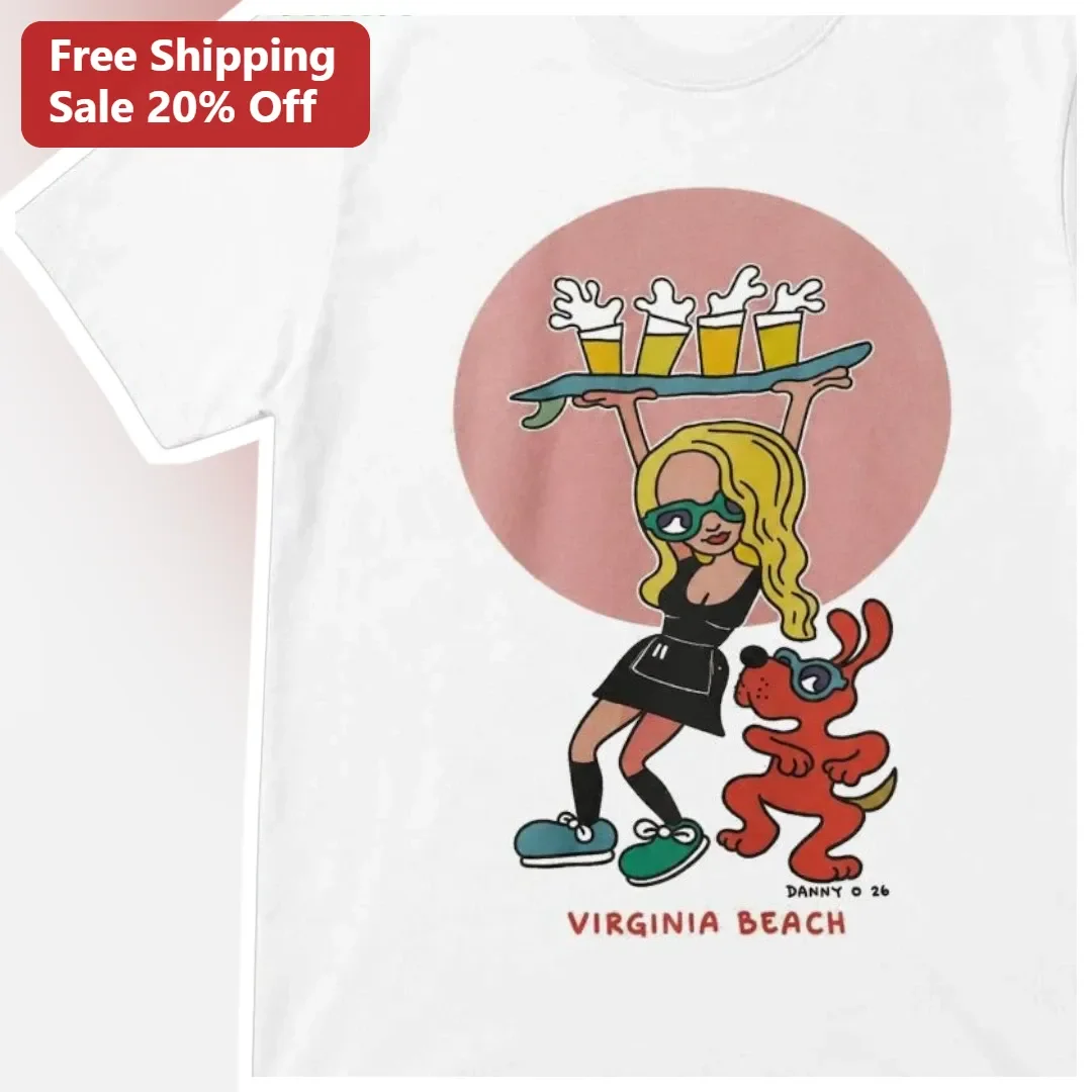 Virginia Beach Tee Retro Cartoon Waitress and Dog Graphic T-Shirt Funny Bartender Souvenir Gift